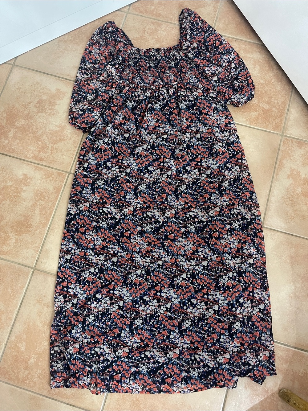 Destination Maternity Navy Floral Maxi Dress with Coral and White Accents